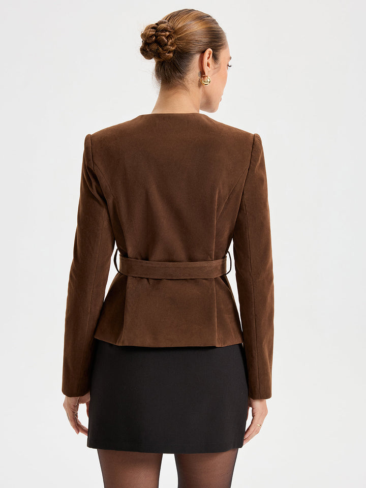 Belted Suede Effect Metal Button Blazer