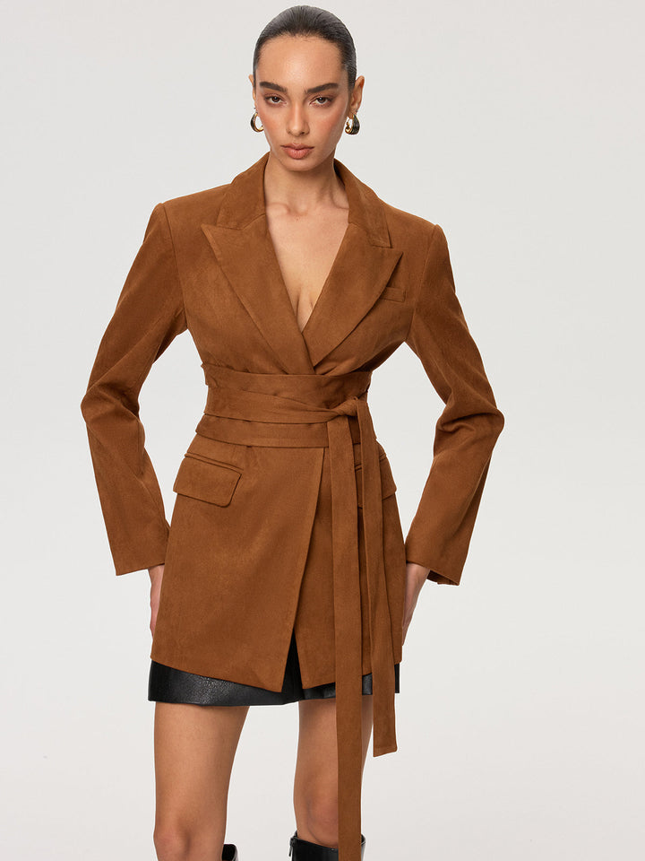 Suede Effect Tie-Waist Blazer