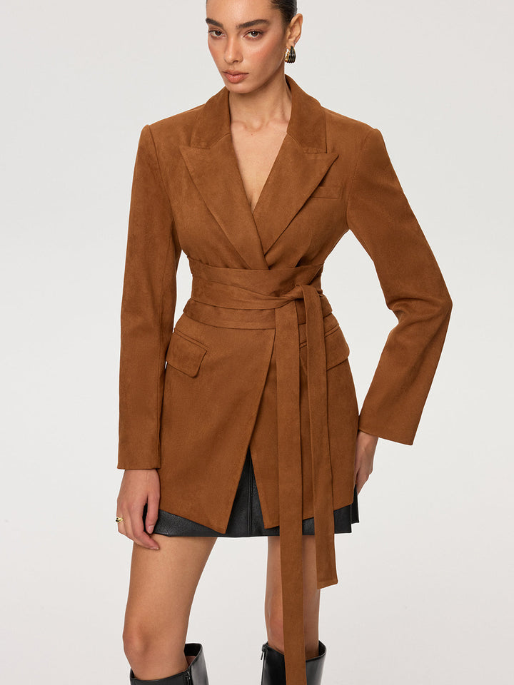 Suede Effect Tie-Waist Blazer