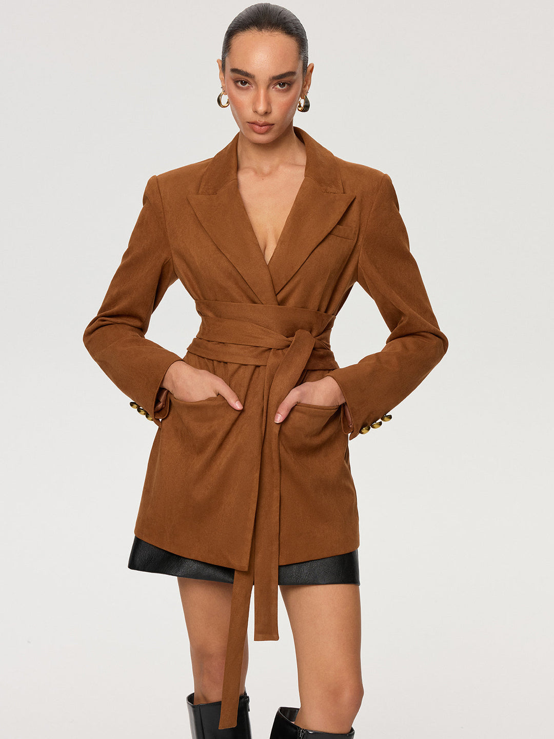 Suede Effect Tie-Waist Blazer
