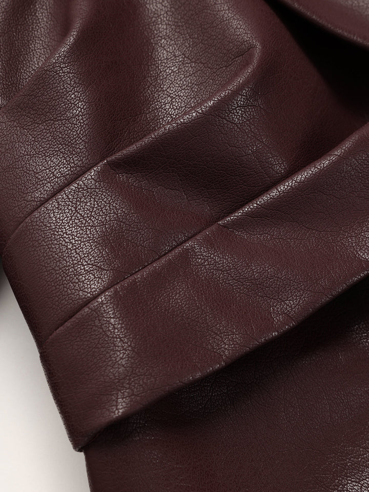 Collared Faux Leather Cropped Cross-Front Top