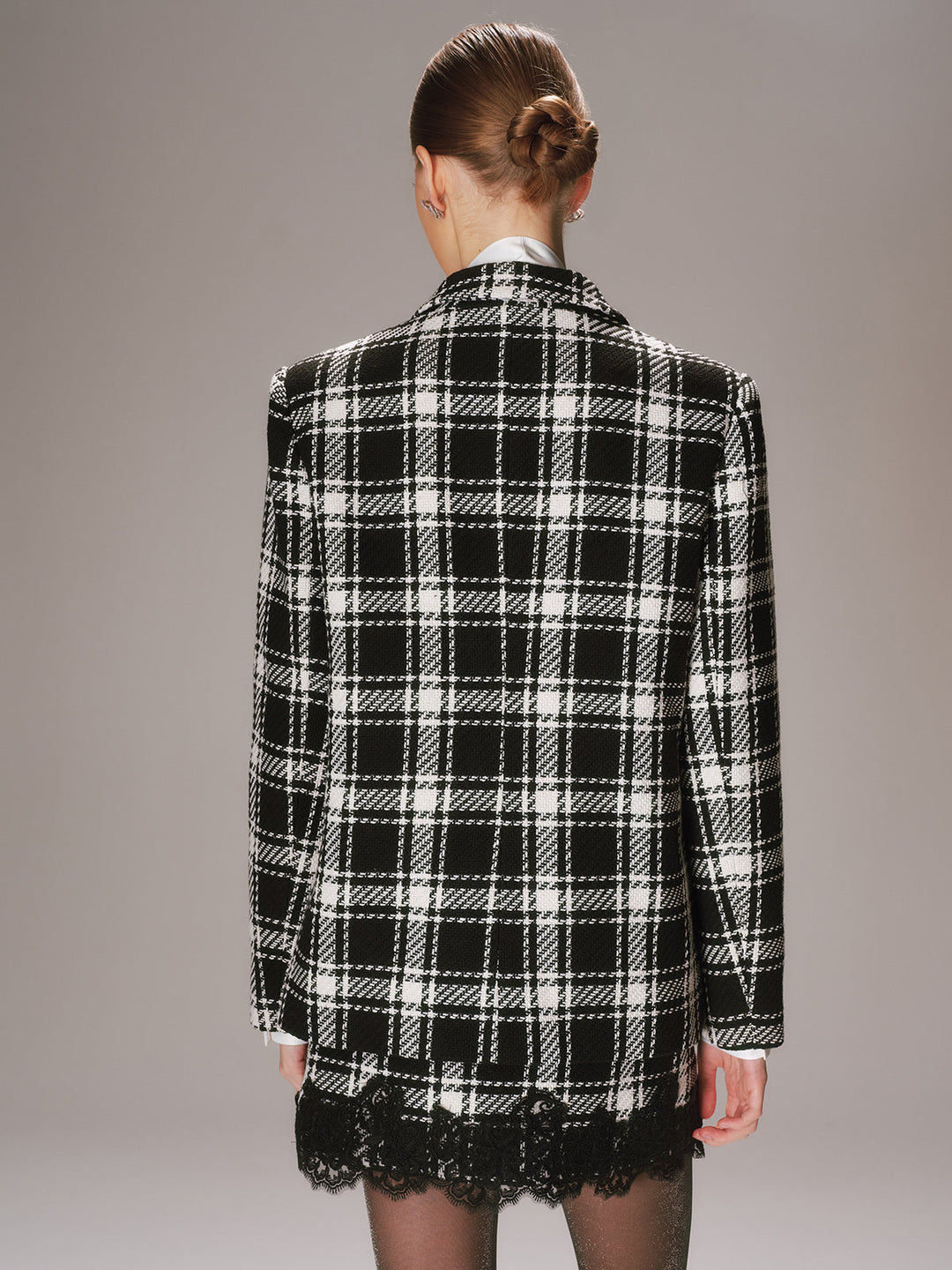 Metal Button Plaid Tweed Blazer