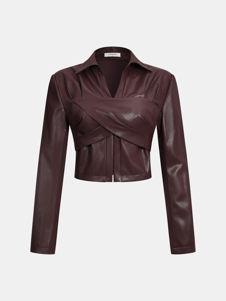 Collared Faux Leather Cropped Cross-Front Top