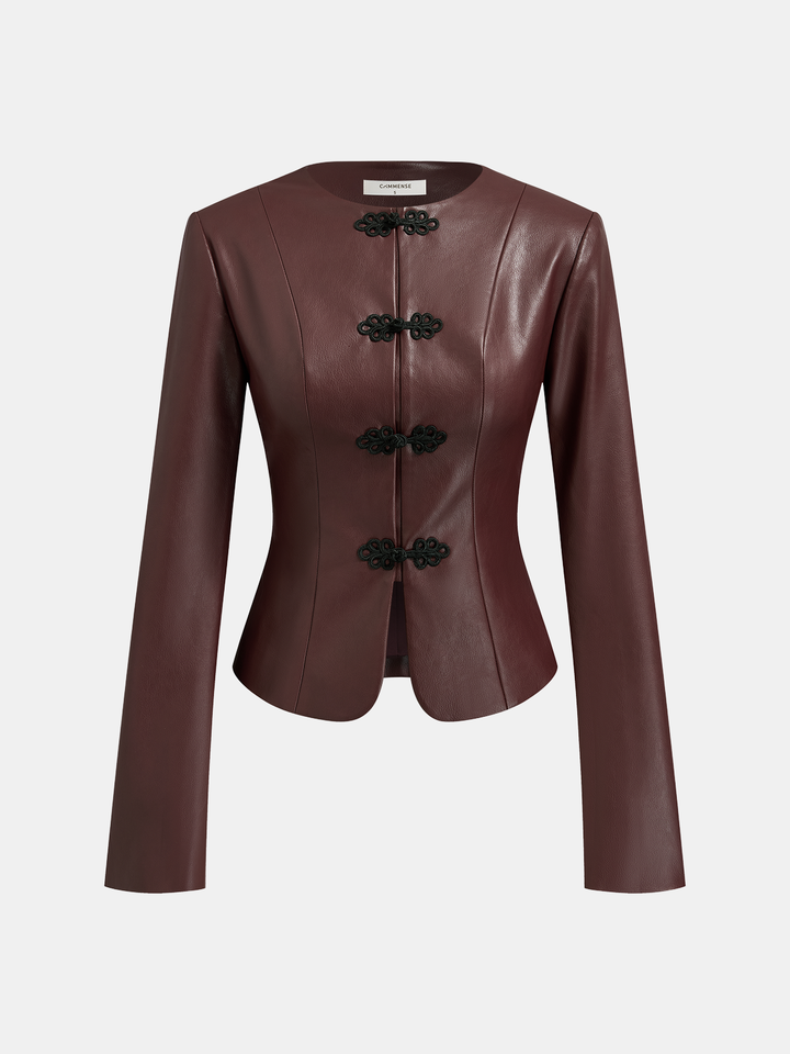 Frog-Closure Faux Leather Blazer