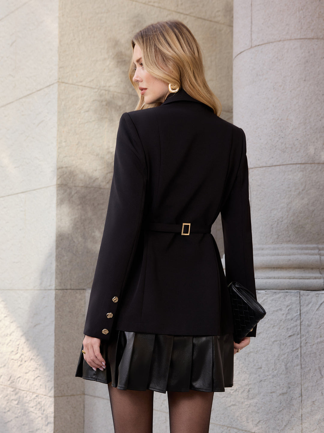 Faux Leather Pleated Hem Blazer Dresse