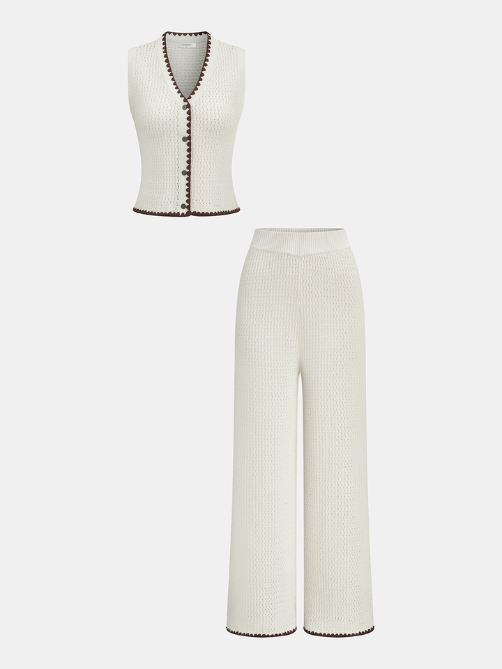 Contrast Trim Knit Vest & Wide-Leg Pants Set