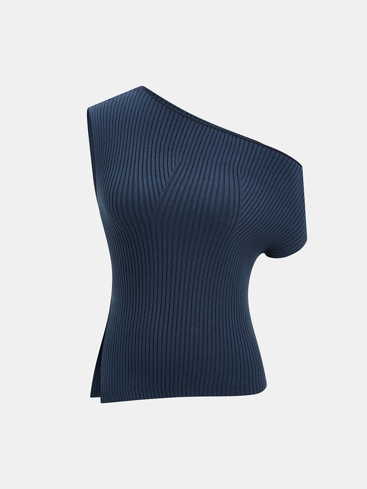 Ribbed Knit One-Shoulder Asymmetrical Top