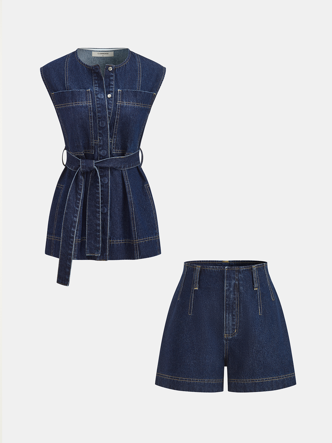 Belted Denim Sleeveless Vest & Shorts Set