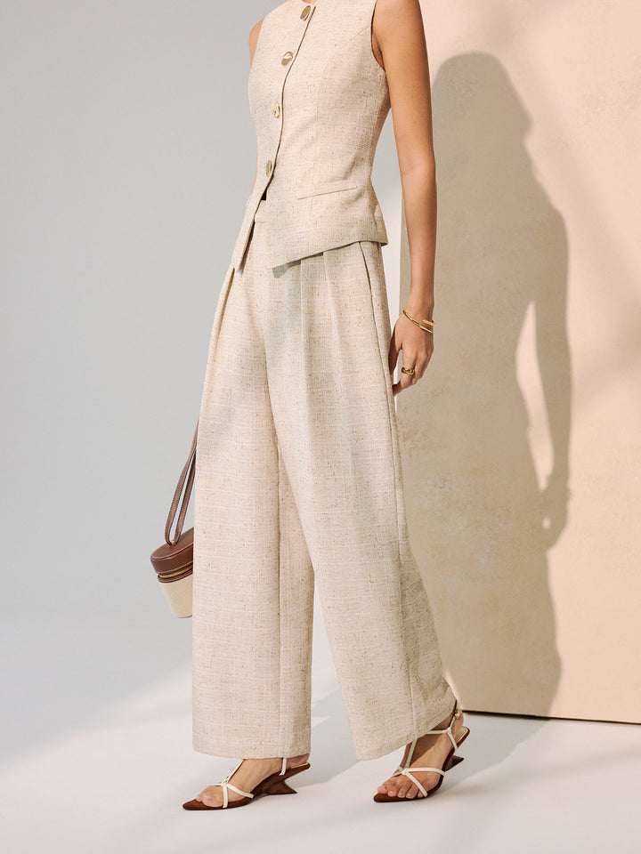 Metal Button Vest & Wide-Leg Pants Set with Tailored Fit