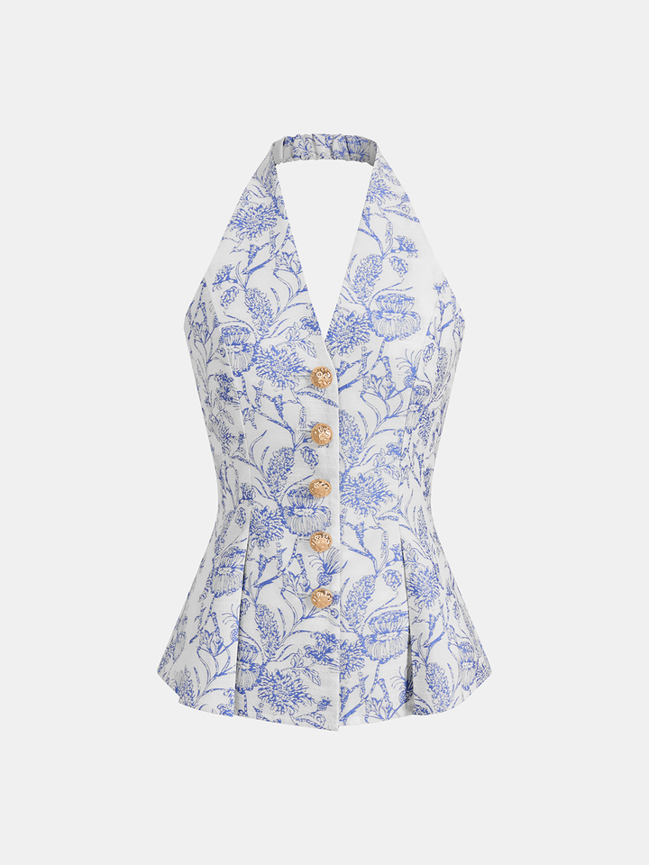 Floral Print Halter Button-Front Vest Top
