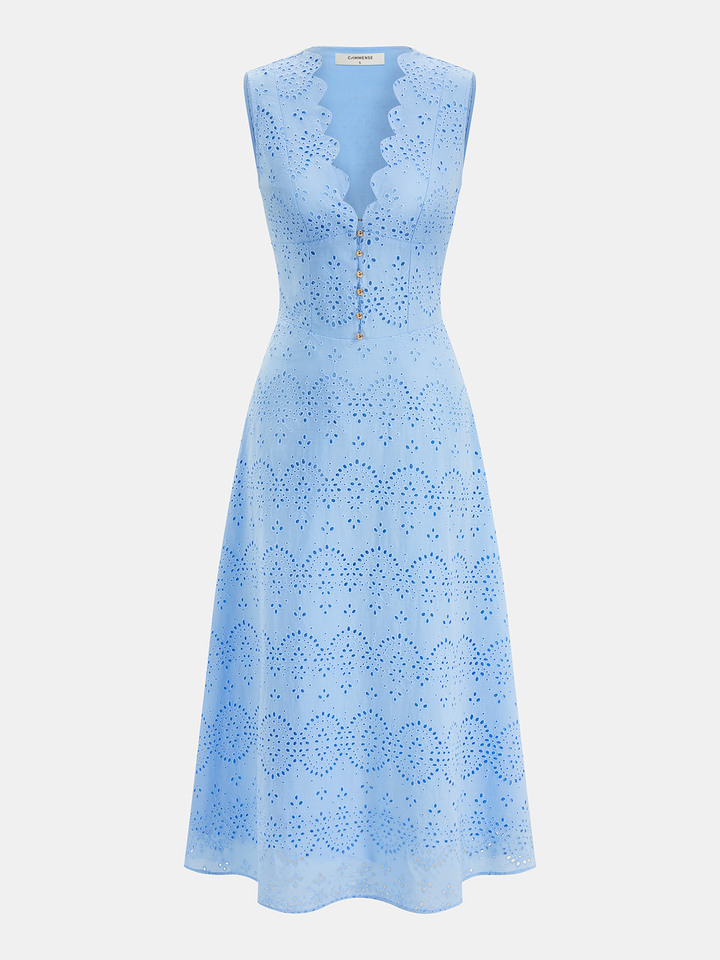 Cotton Sleeveless Embroidered Eyelet Dress with Deep V Neck