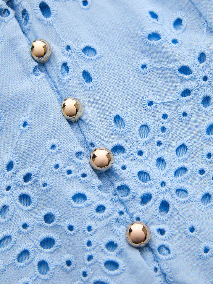 Cotton Sleeveless Embroidered Eyelet Dress with Deep V Neck