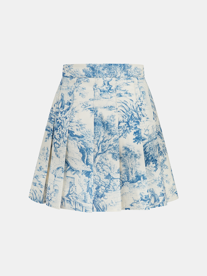 Toile Print Vest & Pleated Skirt Set