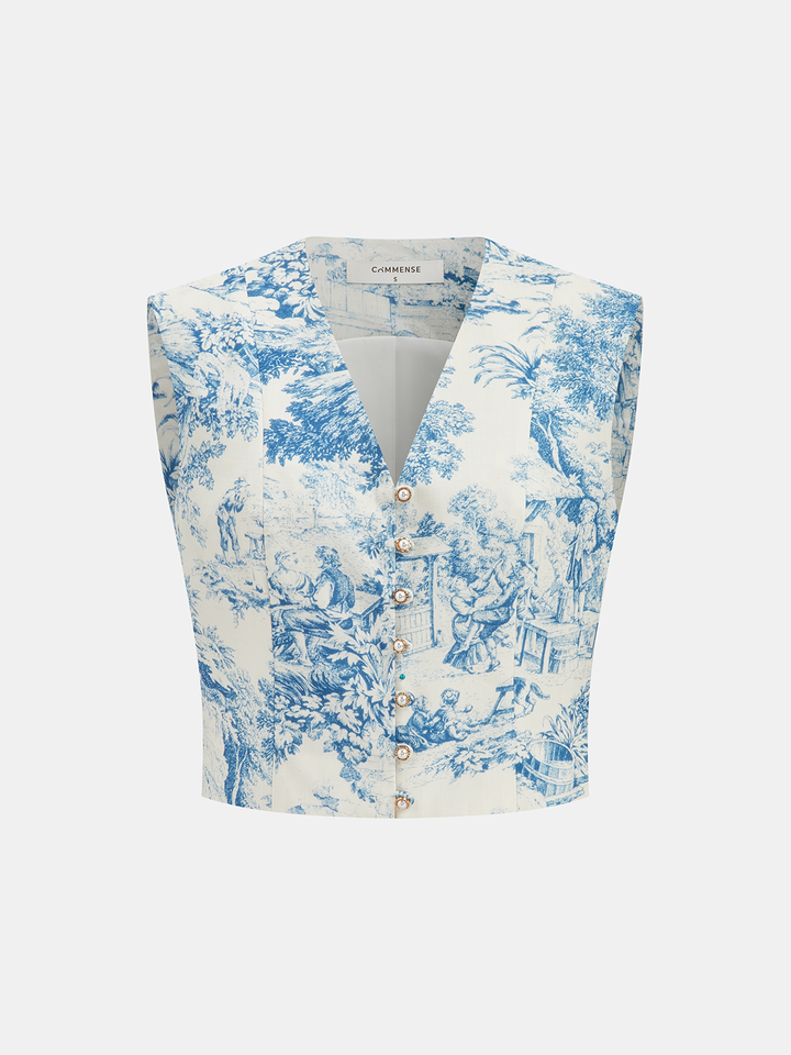 Toile Print Vest & Pleated Skirt Set