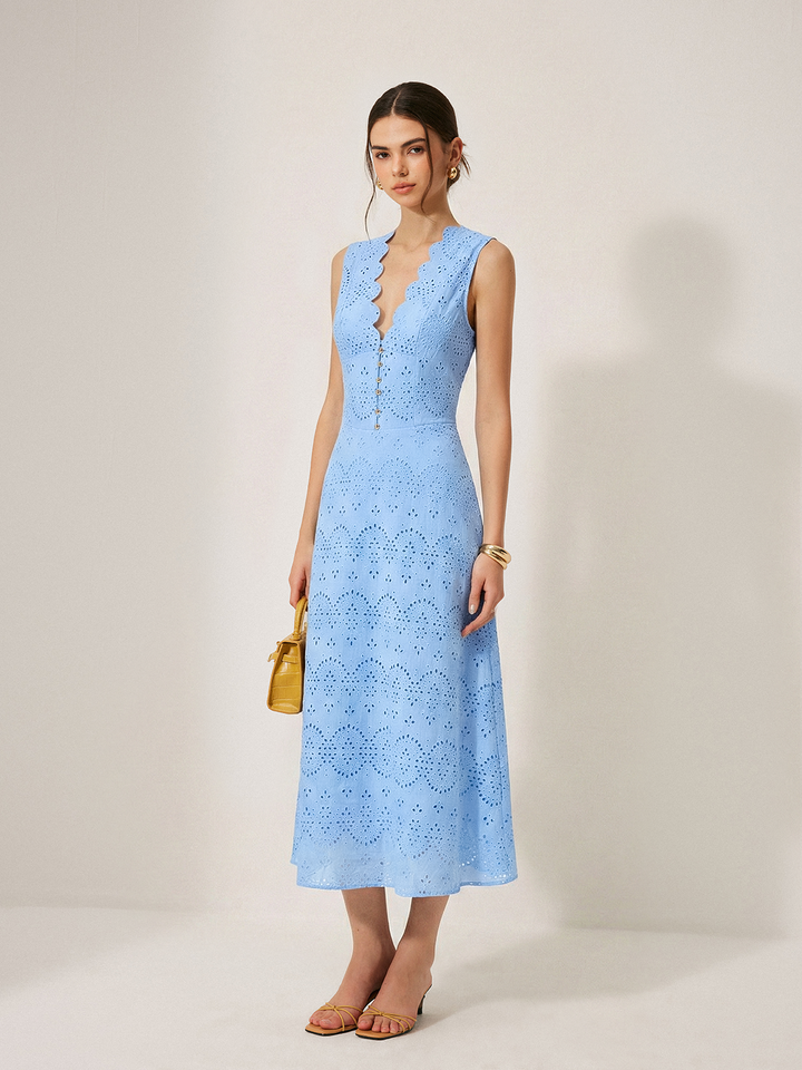 Cotton Sleeveless Embroidered Eyelet Dress with Deep V Neck