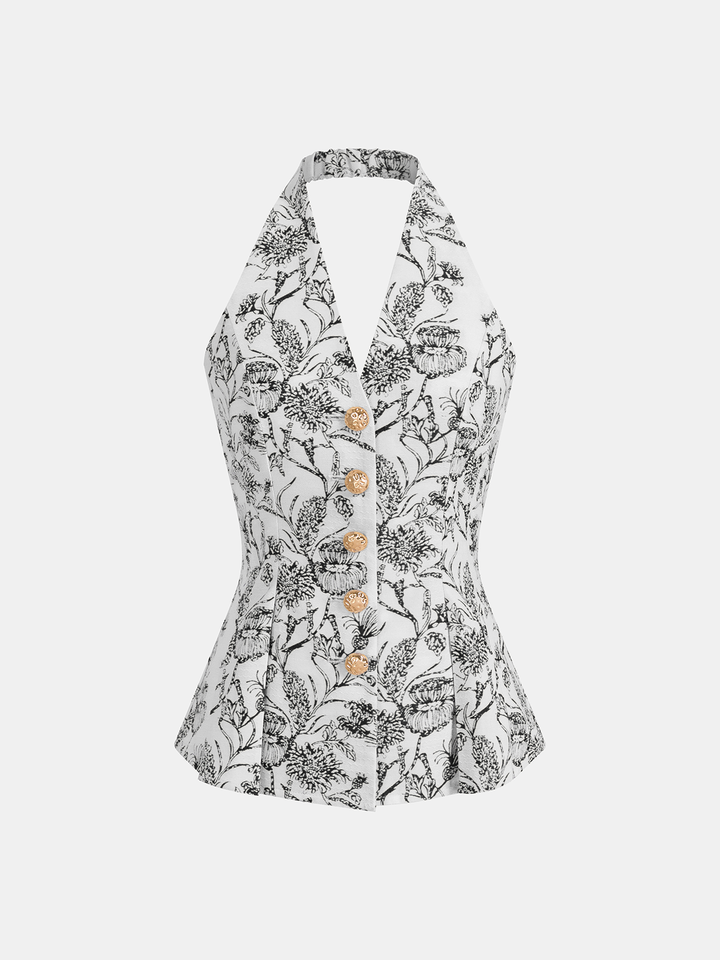 Floral Print Halter Button-Front Vest Top