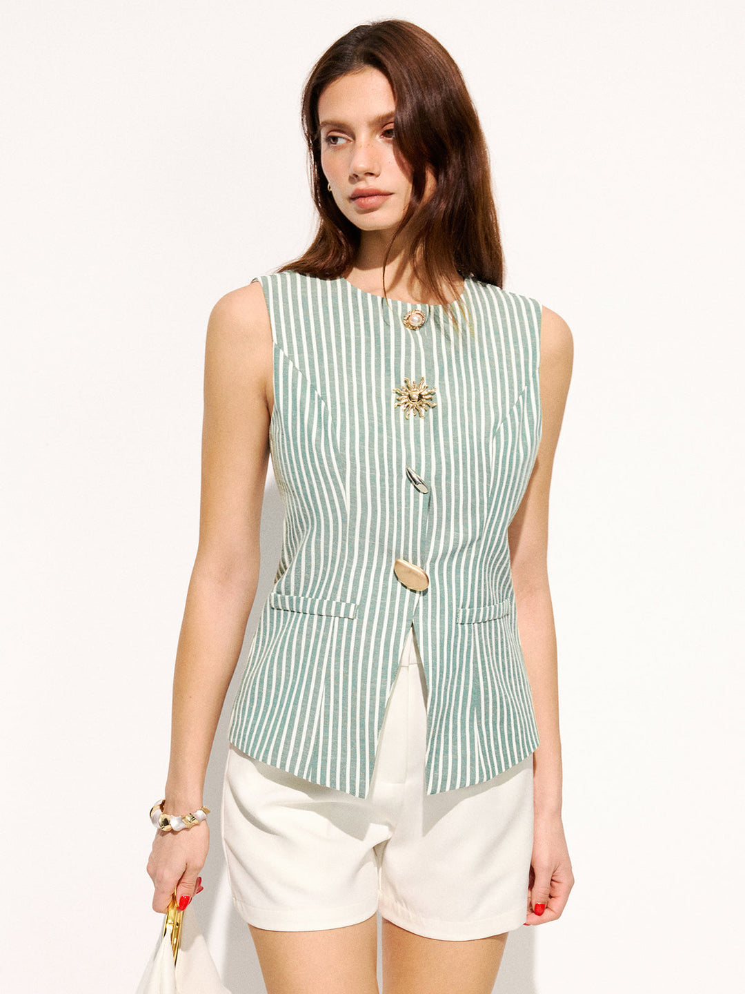 Cotton Blend Striped Sleeveless Vest