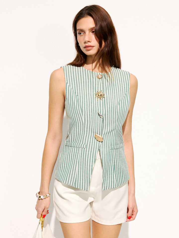 Cotton Blend Striped Sleeveless Vest