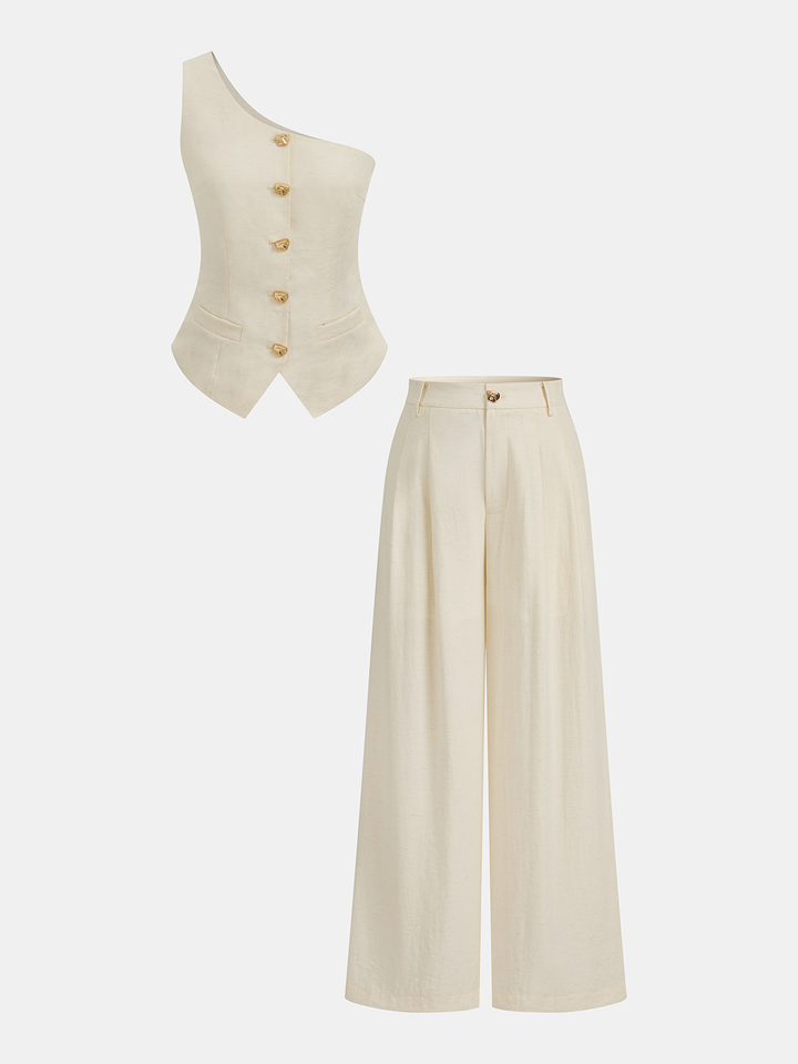 One Shoulder Metal Button Vest & Pants Set