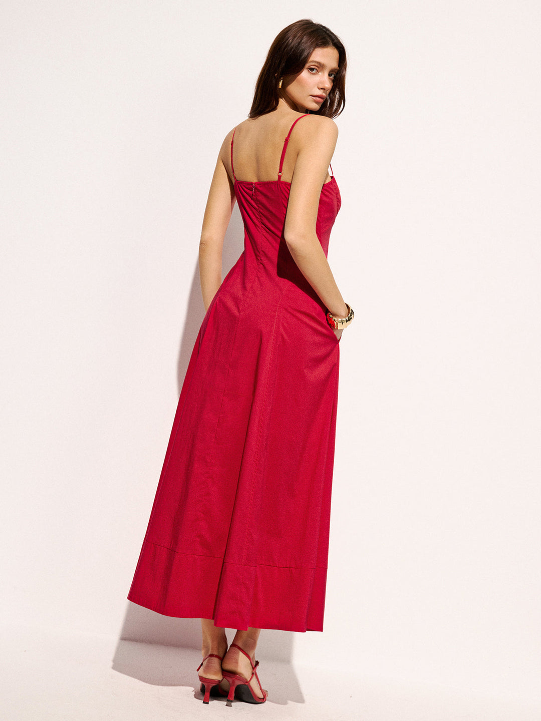 Cotton Blend Pocketed Cami Flared Maxi Dress