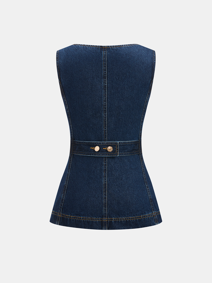 Metal Button Denim Sleeveless Vest & Shorts Set