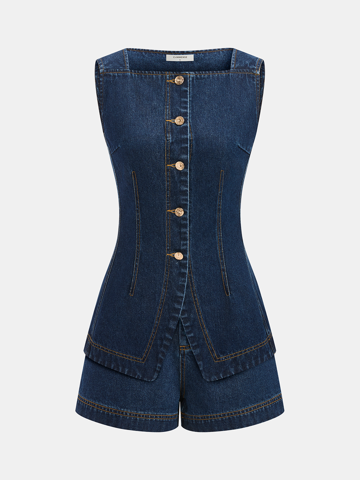 Metal Button Denim Sleeveless Vest & Shorts Set