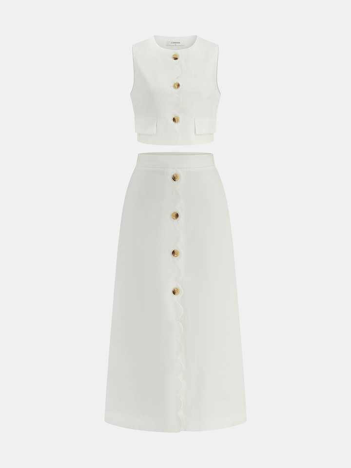 Cotton Linen Scallop Trim Vest & Skirt Set