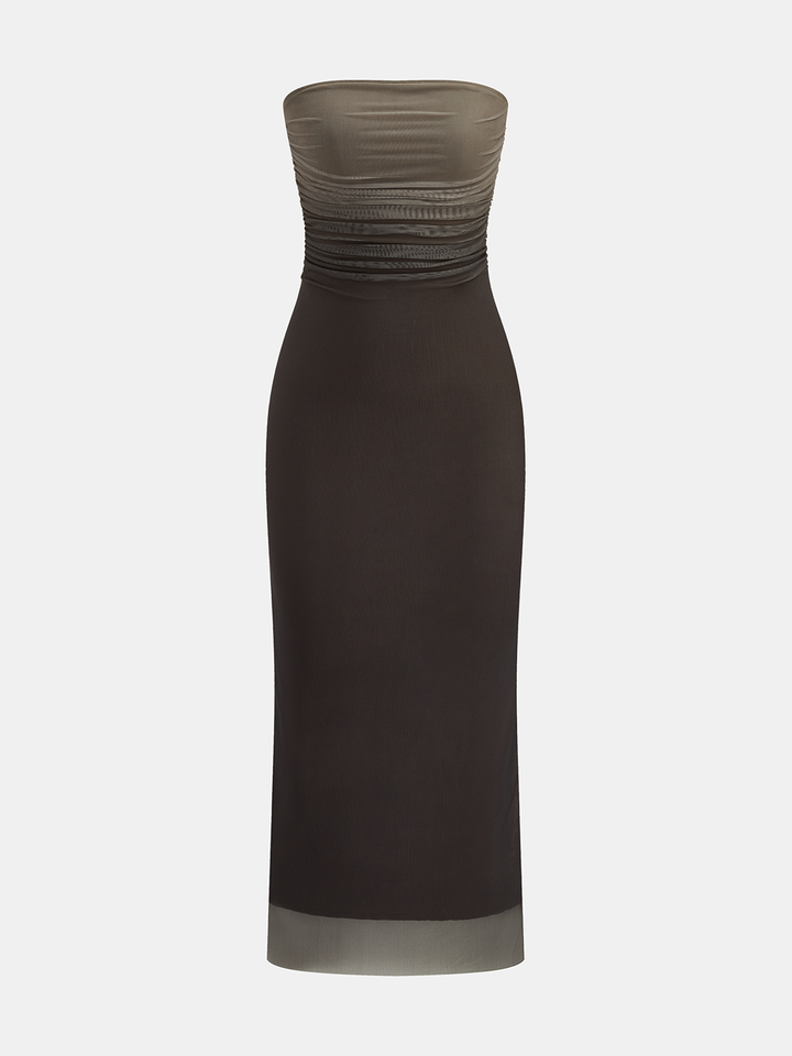 Ombre Mesh Ruched Strapless Midi Dress