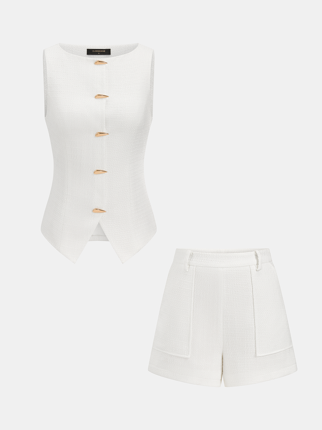 Tweed Sleeveless Metal Button Vest & Shorts Set