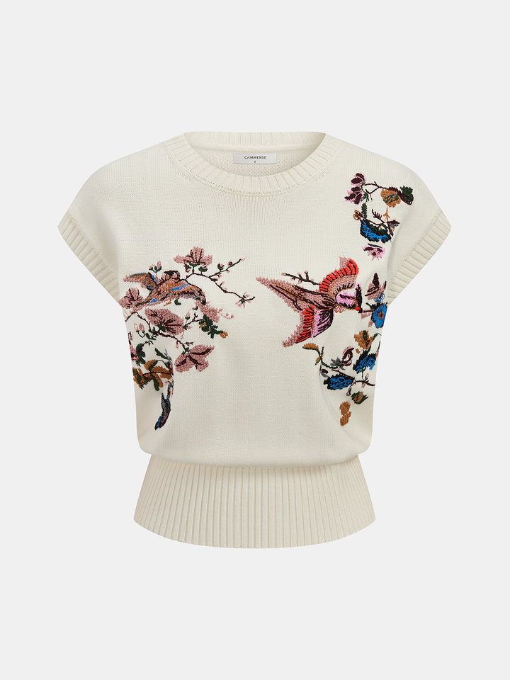 Embroidered Floral Bird Knit Vest