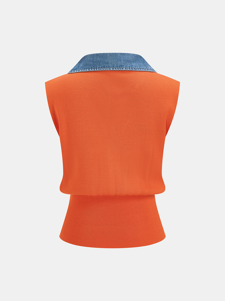Denim Collar Metal Button Sleeveless Knit Vest