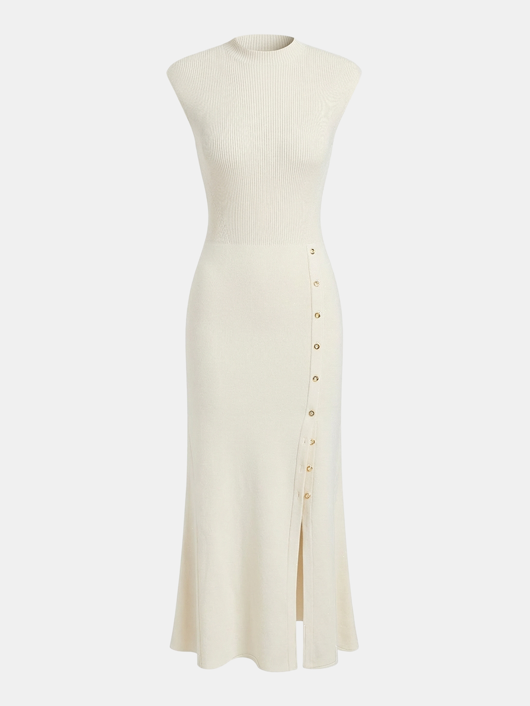 Button Detail Cap Sleeve Rib Knit Maxi Dress