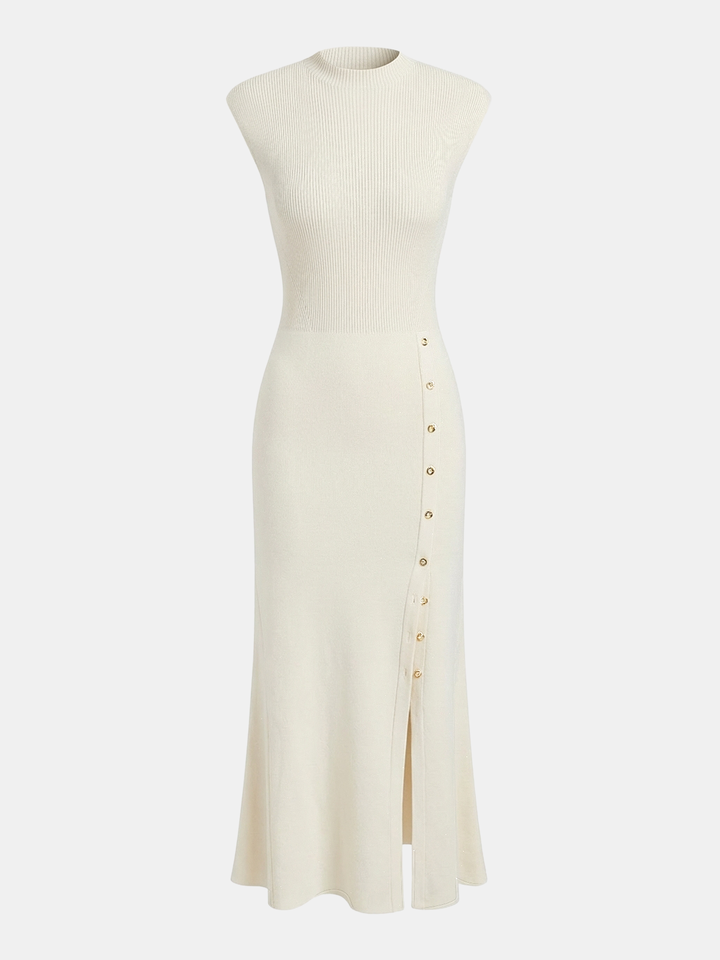 Button Detail Cap Sleeve Rib Knit Maxi Dress