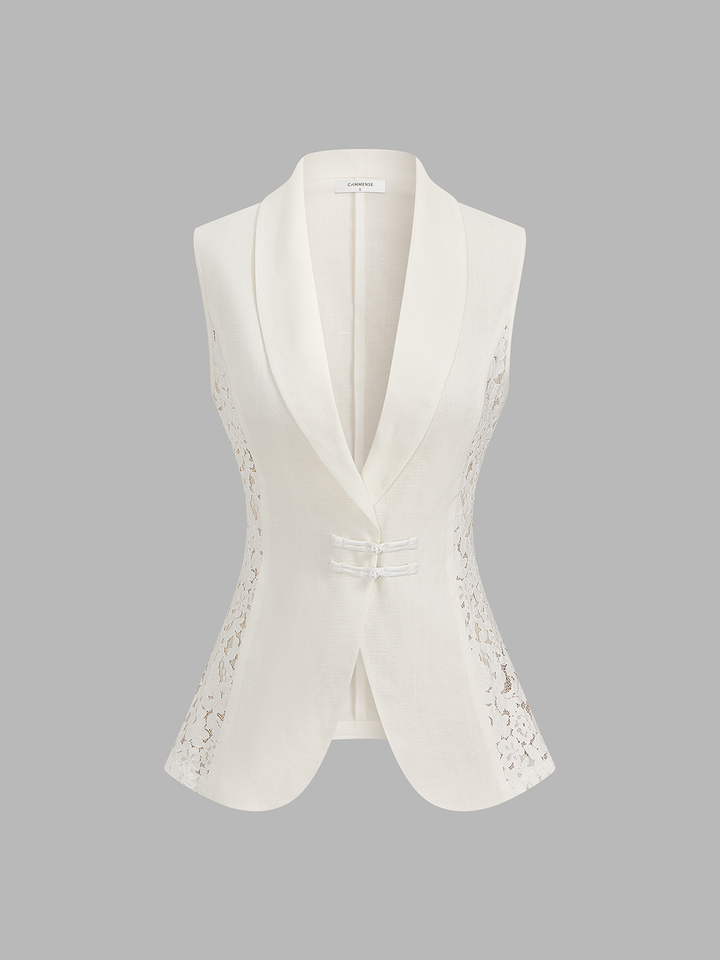 Lace Panel Frog Button Linen Blend Blazer Vest