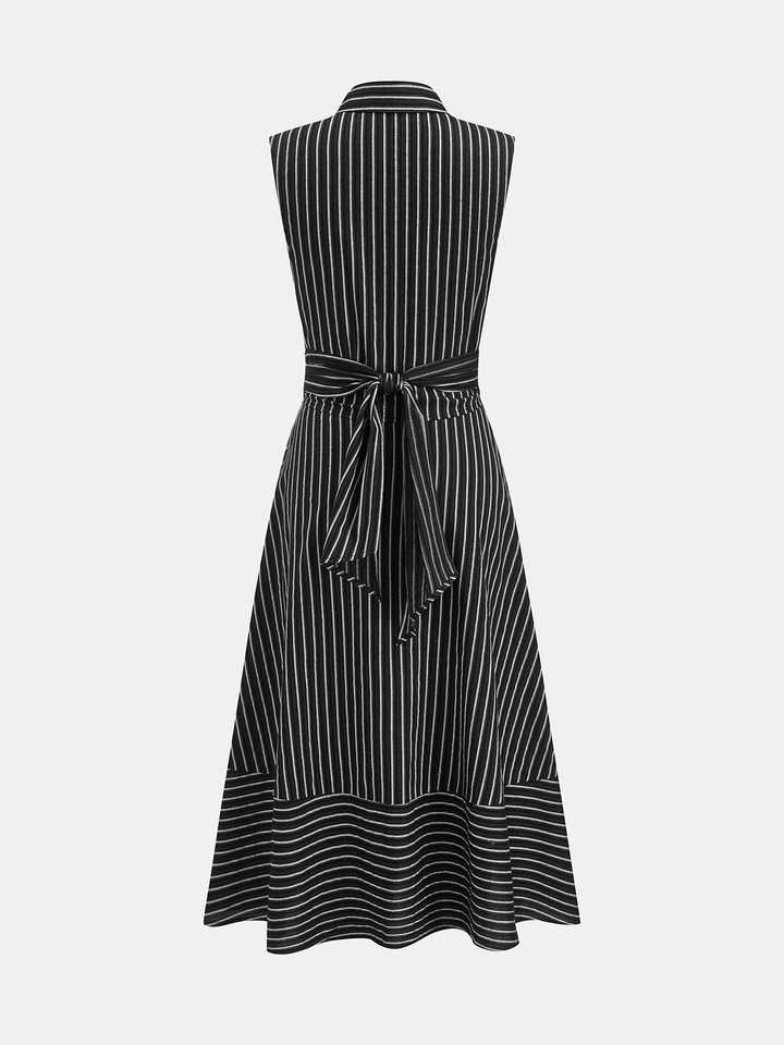 Striped Collared Sleeveless Tie Waist Midi Dress
