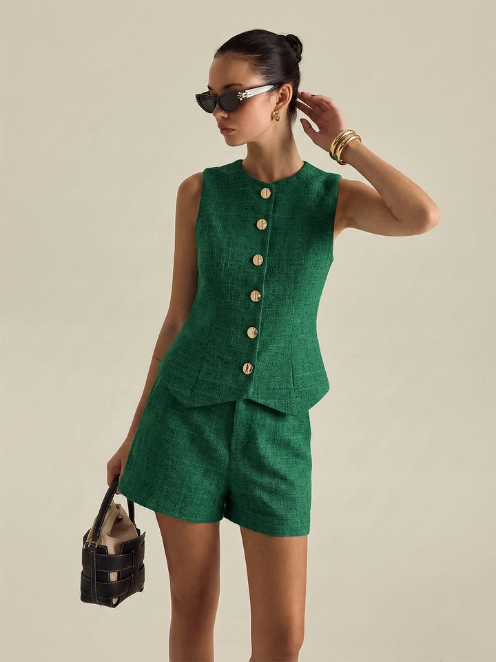Tweed Buttoned Vest & Mini Shorts Set