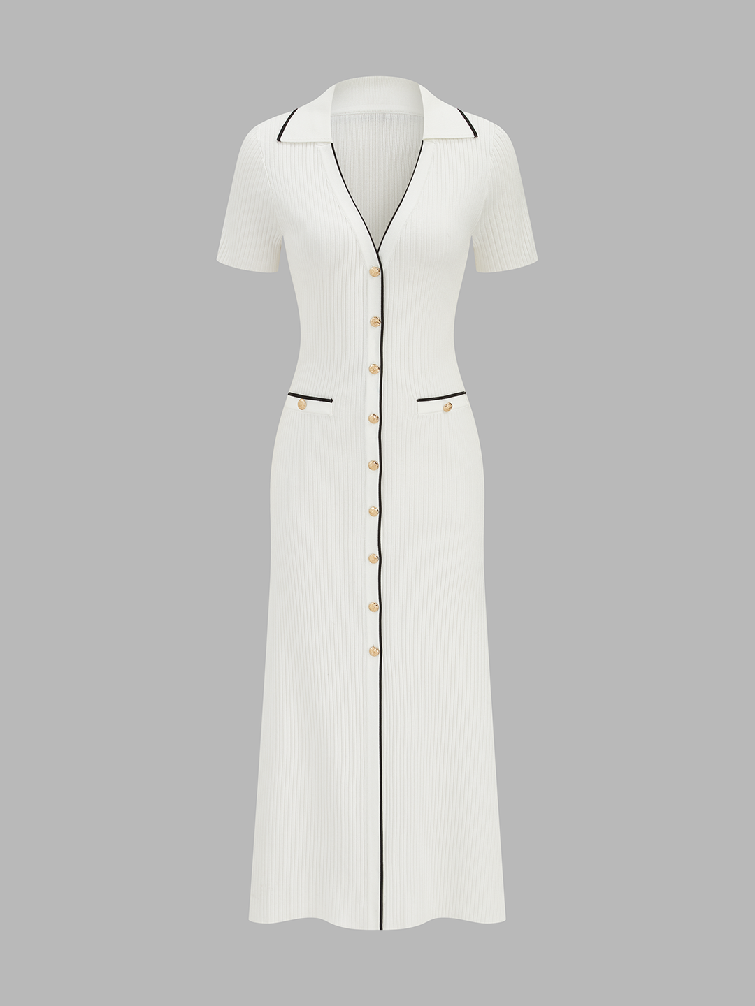 Contrast Trim Button Front Knit Maxi Dress