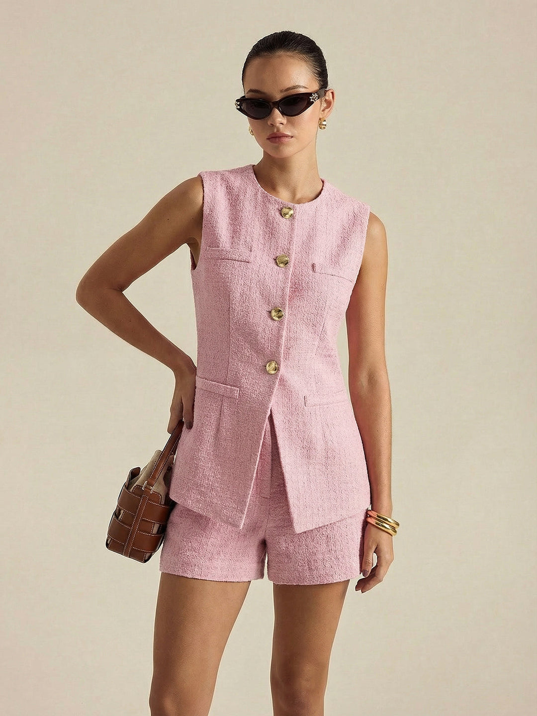 Metal Button Tweed Vest & Shorts Set