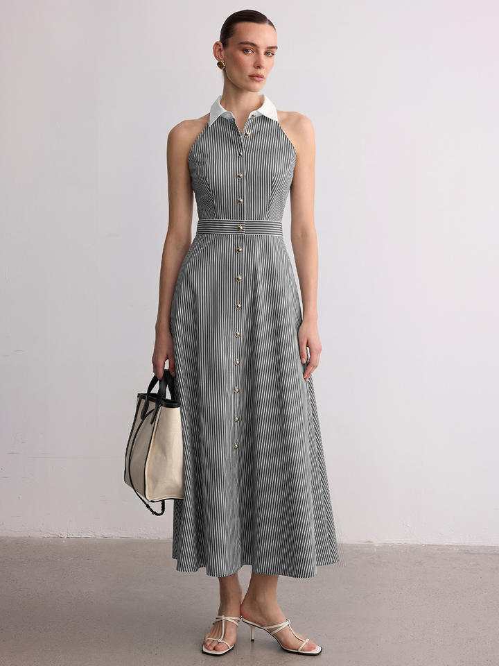 Collared Striped Sleeveless Buttoned Maxi Dress