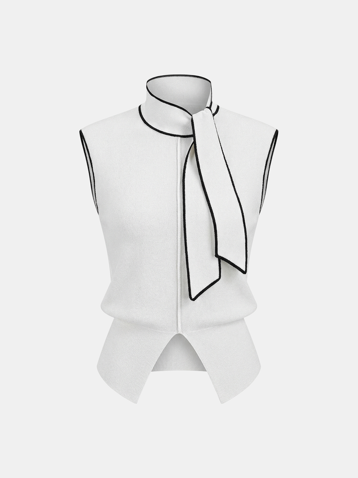 Contrast-Trim Tie-Neck Sweater Vest