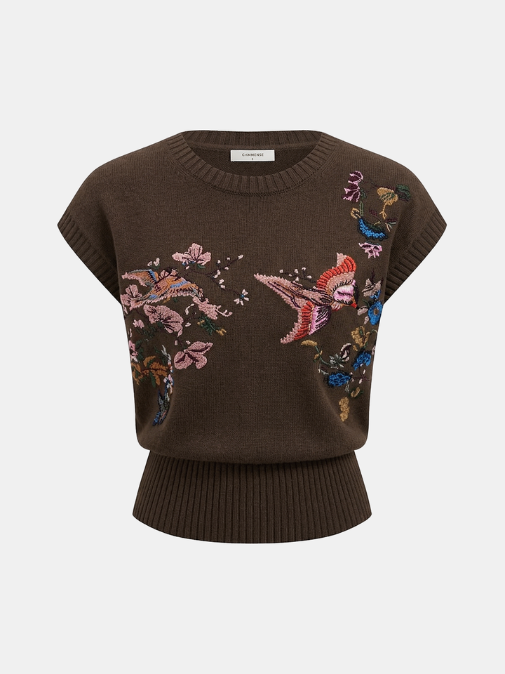 Embroidered Floral Bird Knit Vest