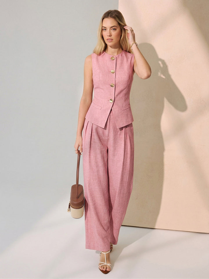 Metal Button Vest & Wide-Leg Pants Set with Tailored Fit