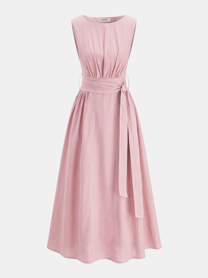 Cotton Linen Sleeveless Belted Midi Dress