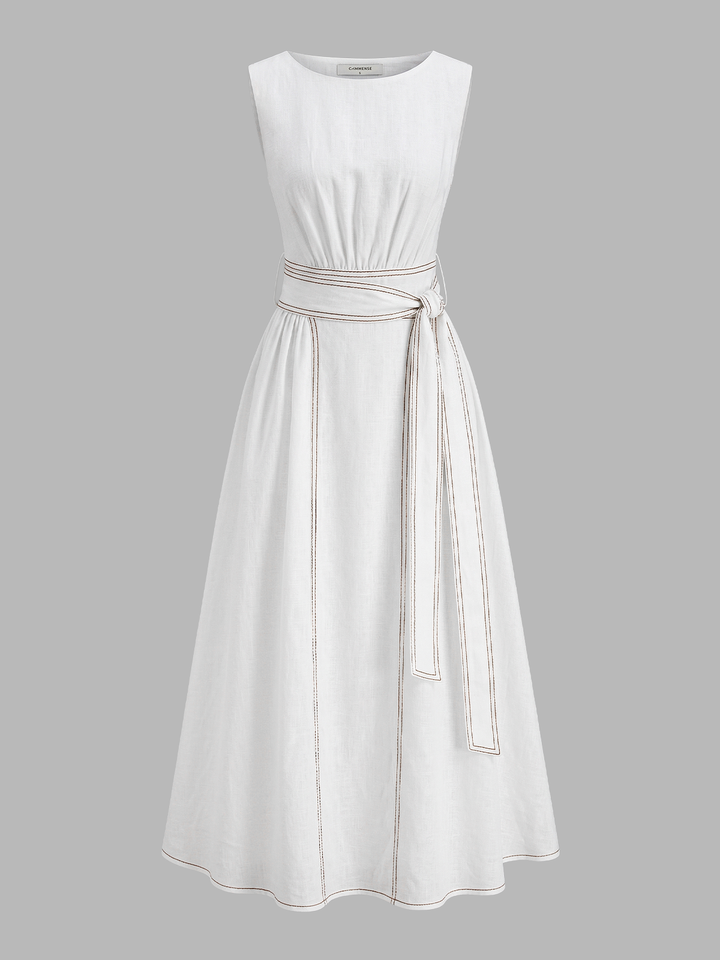 Cotton Linen Sleeveless Belted Midi Dress
