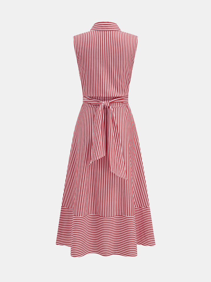 Striped Collared Sleeveless Tie Waist Midi Dress