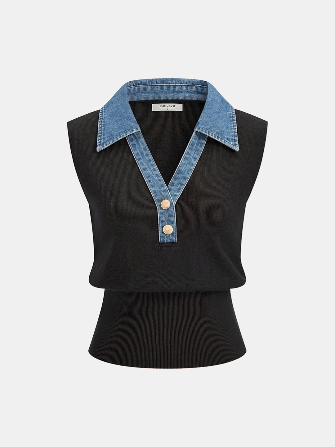Denim Collar Metal Button Sleeveless Knit Vest