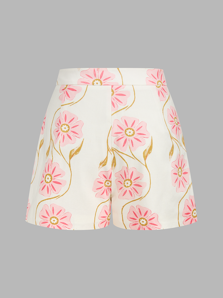 Floral Print Cotton Linen Vest & Shorts Set