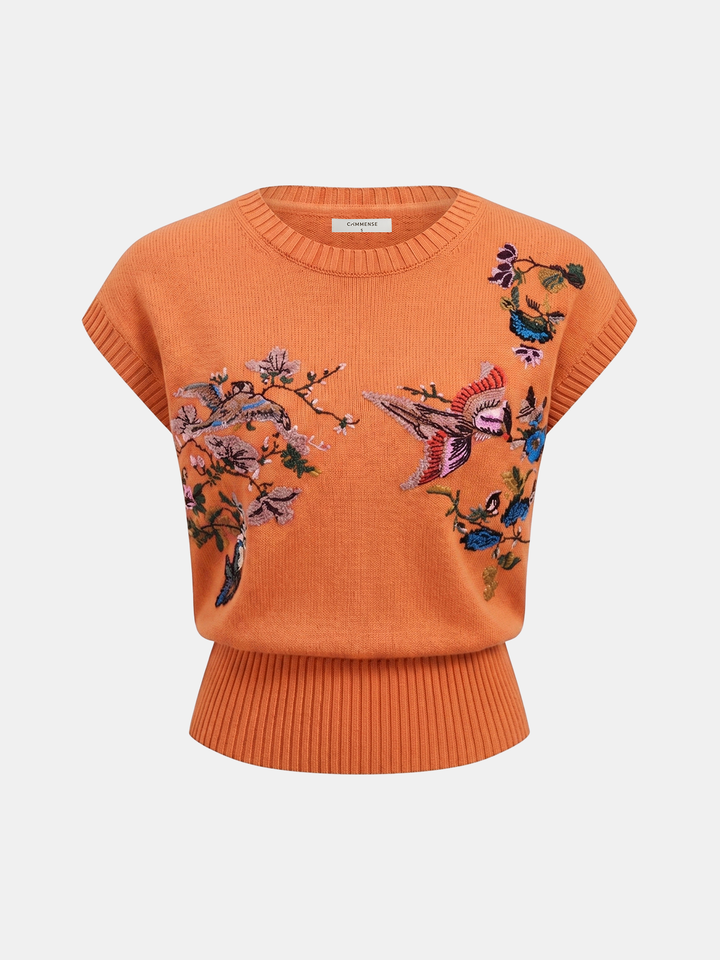Embroidered Floral Bird Knit Vest