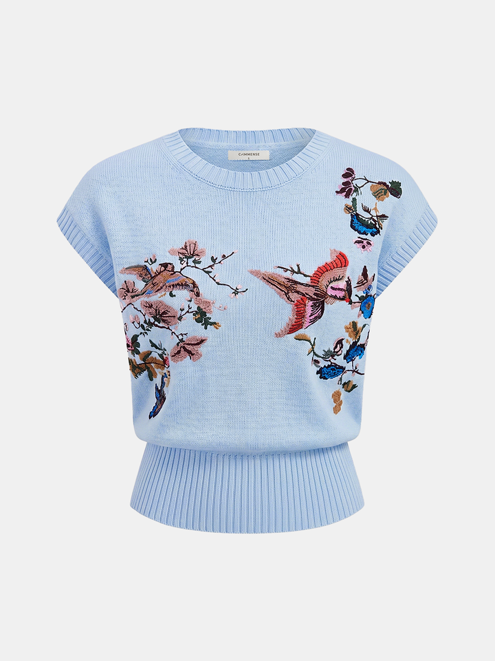Embroidered Floral Bird Knit Vest