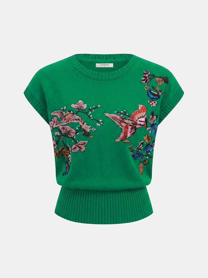 Embroidered Floral Bird Knit Vest